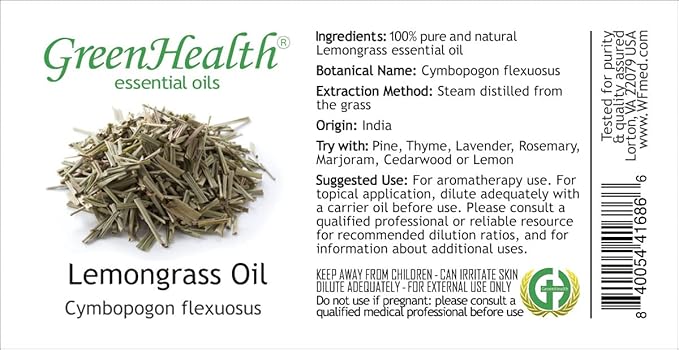 GreenHealth Lemongrass - 8 fl oz (237 ml) Glass Bottle with Cap - 100% Pure Essential Oil