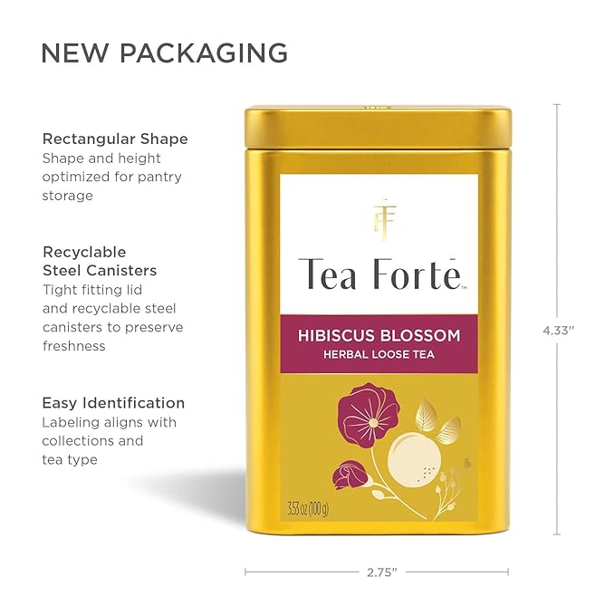 Tea Forte Hibiscus Blossom Premium Loose Leaf Caffeine-Free Herbal Tea Blend Canister, Makes 35-50 Cups