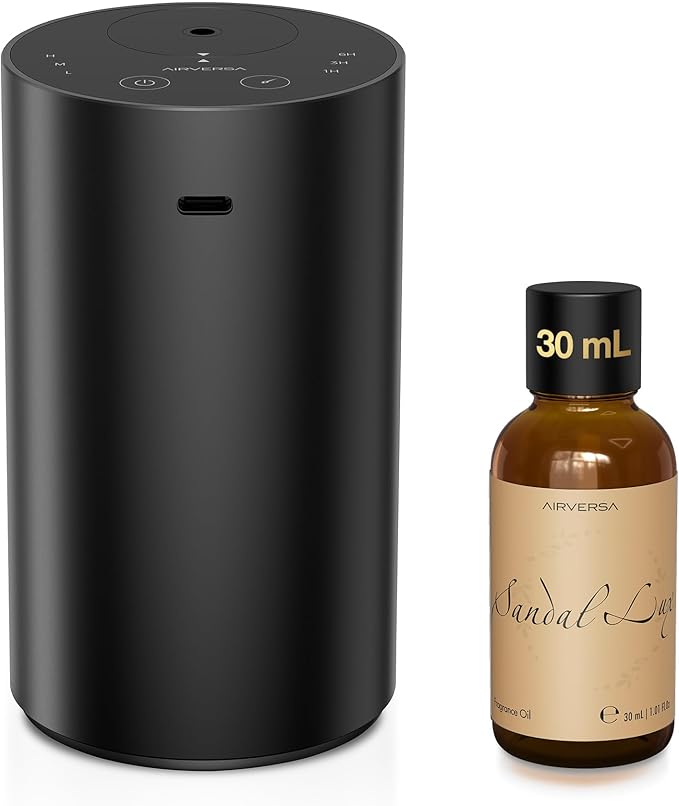Airversa Waterless Essential Oil Diffuser Starter Kit with 30mL Sandal Lux Fragrance Oil for Car Home Office,Premium Aluminum Housing, Up to 600 sq ft, Aroma Nebulizer Baterry Operated, ADX Kit Black