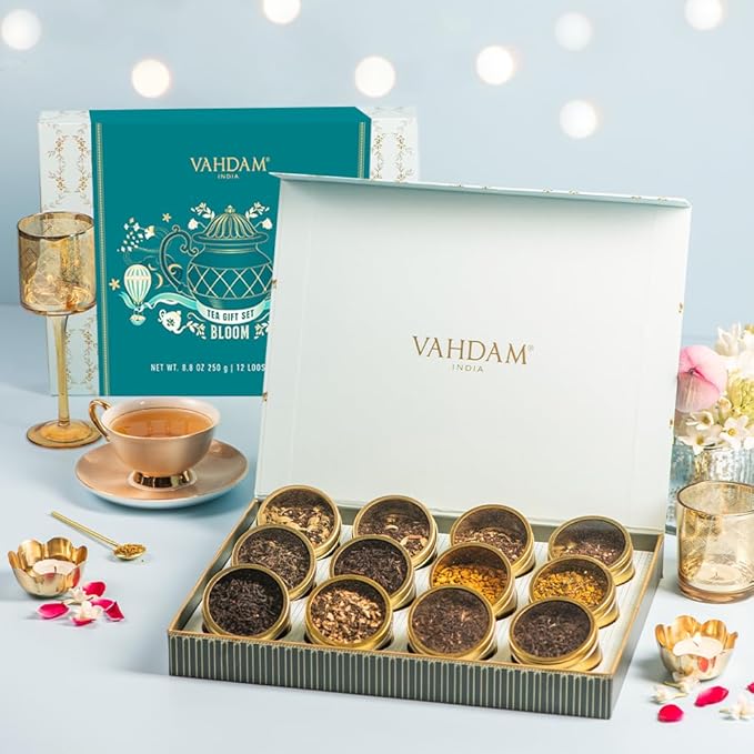 VAHDAM, Bloom - Assorted Tea Gift Set (12 Loose Leaf Tea) Tin Caddy Presentation Box | Gluten Free, Non GMO | Tea Gift Set for Women & Men