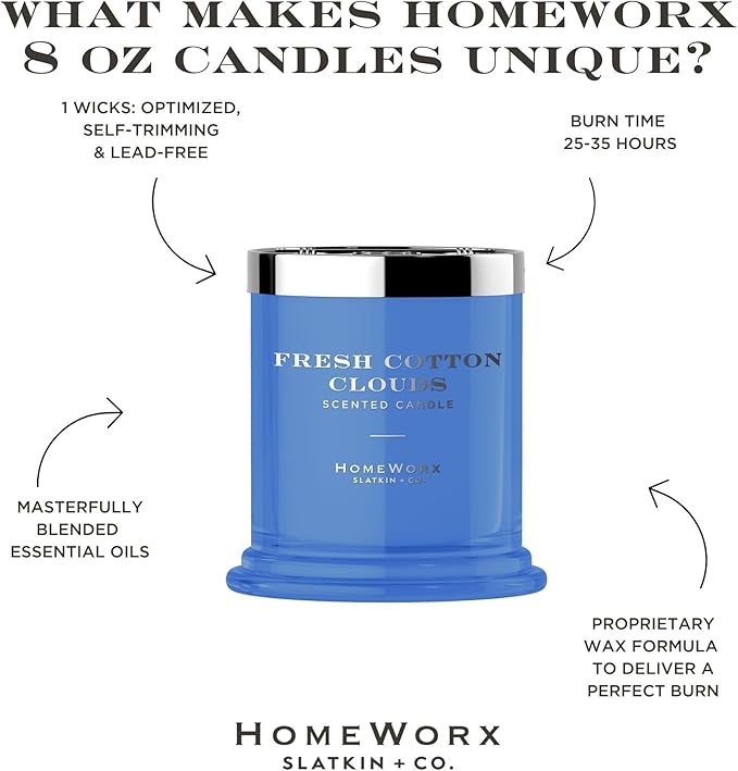 HomeWorx by SLATKIN + CO. Candle- Fresh Cotton Clouds, 8 oz. Premium Scented Candle - 25-35 Hours Burn Time
