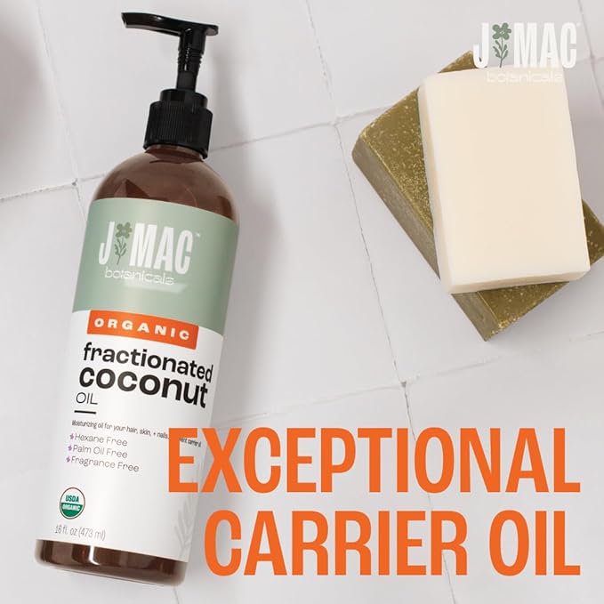 J Mac Botanicals, Organic Fractionated Coconut Oil (16 oz. with a Pump) Carrier Oil for diluting Essential Oils, Leave in Conditioner for Dry Damaged Hair, Skin, Massage