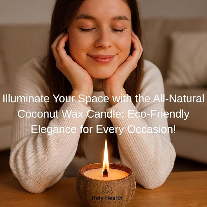 Holy Health® Coconut Scented Candle – Orange – Handmade in Natural Coconut Shell with Natural Wood Wick – Sweet & Energizing Aroma – Real Coconut Wax. Free Holy Health® Totebag.