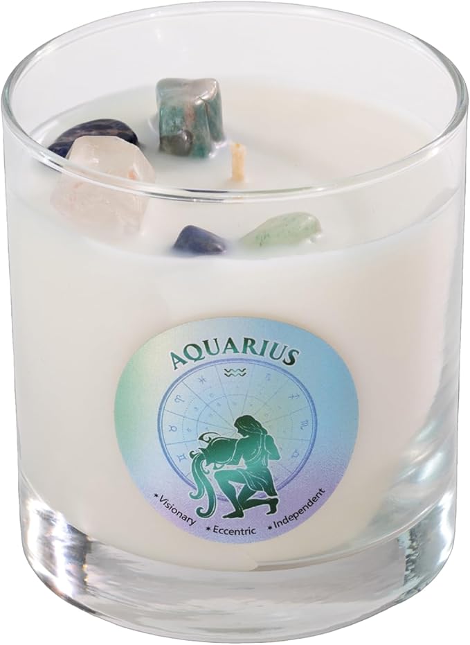 Luxury Glass Jar Candle, Aquarius Zodiac Sign, 8.8 oz - Crystal Infused - Scents of Lemongrass, Jasmine, Black Currant, & Sugar - USA Made, Coconut-Soy Wax, Essential Oil, Dr. Developed