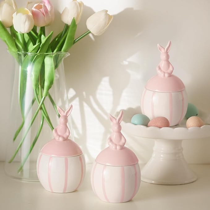 Easter Bunny Candle with Egg Jar and Lid, Easter Decorations Cute Pink Rabbit Aromatherapy, Ceramic Egg Candles for Spring Home Decor, Decorative House Warming Candle Gifts for Friends Women