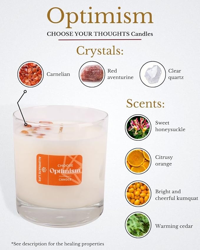 Luxury Glass Jar Candle, 8 OZ, Choose Optimism - Carnelian Crystal Infused - Honeysuckle, Orange, Kumquat & Cedar - Hope, Coconut Wax, Essential Oilsonfidence, & Success - C