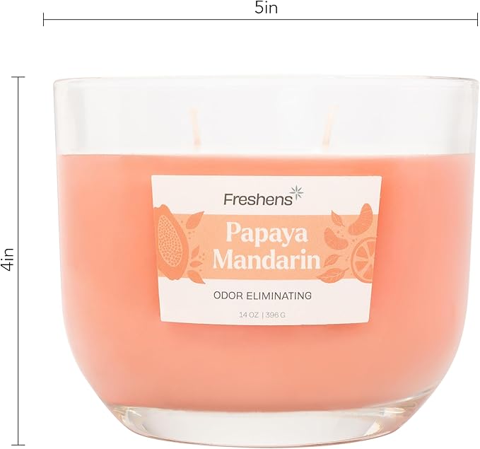 Carolina Freshens Papaya Mandarin Odor Eliminating Highly Fragranced Candle for Home Scented, Eliminates 90% of Pet, Smoke, Food and Other Smells Quickly, 2 Wick, 14 oz - Made in The USA