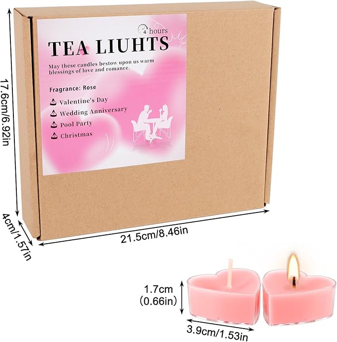 50 PCS Heart Shaped Tea Light Candles, Rose Scented 4-Hour Burn Smokeless Tealights for Valentine's Day, Wedding Anniversary, Proposal，Romantic Decorations