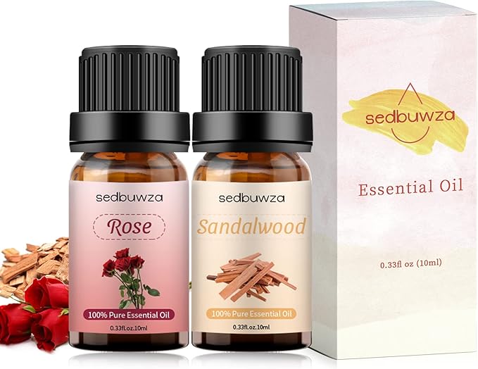 Sedbuwza Rose Sandalwood Essential Oil Set, Rose Fragrance Oil Sandalwood Scent Oil Set for Diffuser, Aromatherapy, Massage, Soap, Candle Making 2 x 10 ml