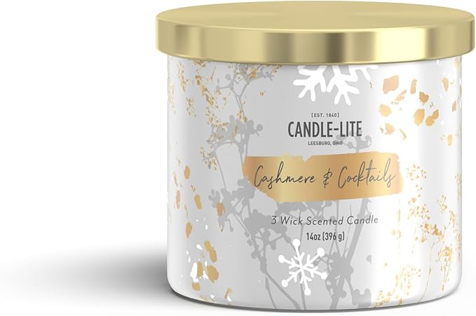 Candle-lite Holiday Scented Candles, Cashmere & Cocktails Scent, 14 oz 3-Wick Jar Candle, Proudly Poured in USA, Christmas Home Decor Candle, 45 Hours of Burn Time, Holiday Gift for Men and Women