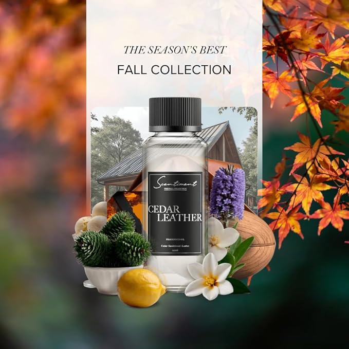 Scentiment Diffuser Oil - Cedar Leather Fall Collection | Aromatherapy Home Fragrance | Luxurious Scent with Lemon, Jasmine Sandalwood, Amber, Lavender, Vanilla, & Musk (120ml)