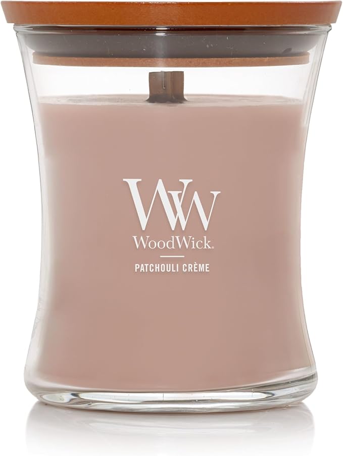 WoodWick Patchouli Crème Gifts for Women and Men, 9.7 oz Medium Hourglass Candle with Crackling Wick