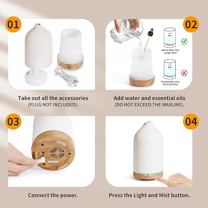 URPOWER 120ML Ceramic Essential Oil Diffuser Ultrasonic Aromatherapy Diffuser with Wood Grain Base, 7-Color LED Lights Auto Shut-Off, Humidifier for Home & Office, Air Diffuser for Relaxation