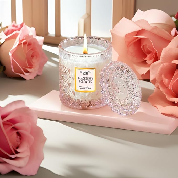 Chloefu LAN Rose Scented Candle, Oud Candle, Mothers Day Candles Gifts for Women, Pink Candles for Home Scented, 55 Hours Long Burning, 100% Natural Soy Wax