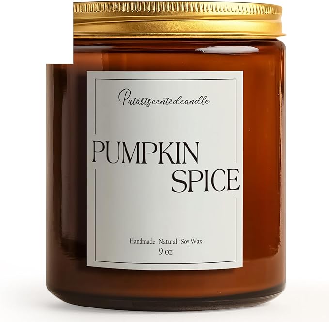 Pumpkin Spice Scented Candles for Home, Natural Soy Wax Aromatherapy Non Toxic Pumpkin Fall Candle Gifts for Women Men, Autumn Amber Glass Jar Candle Decoration for Halloween Holidays (9oz