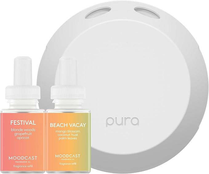 Pura Smart Home Fragrance Device Starter Set - Pura 4 - Scent Diffuser for Home - Includes Fragrance Aroma Diffuser - Square Box, Festival and Beach Vacay Scent Refills