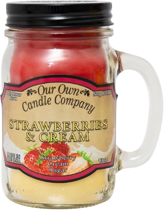 Our Own Candle Company, Strawberries & Cream Scented Mason Jar Candle, 100 Hour Burn Time, 13 Ounces