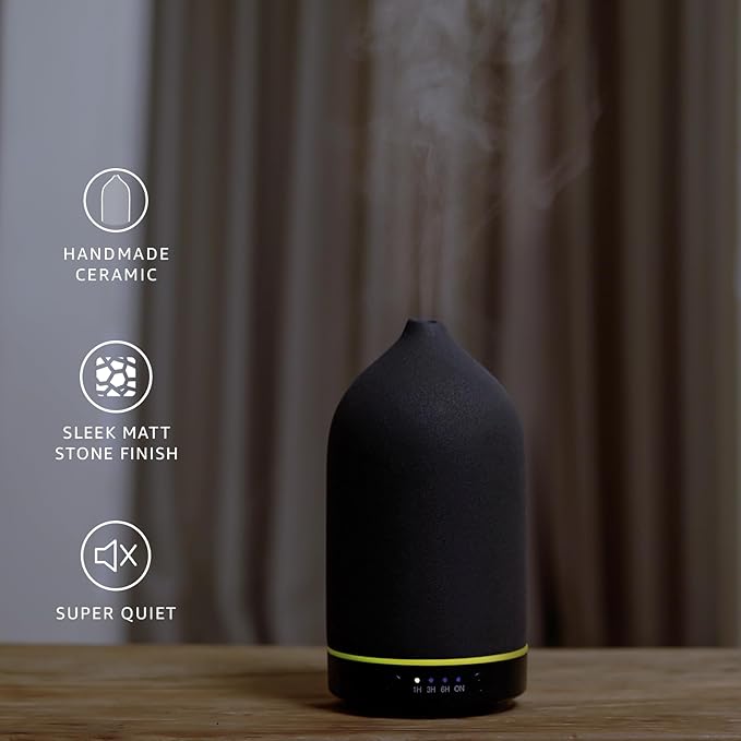 200ML Ceramic Essential Oil Diffuser - Ultrasonic Aromatherapy & Humidifier with 7-Color LED Lights, Auto Shut-Off, Black, 1H/3H/6H Timer | Scent for Home, Office, Yoga