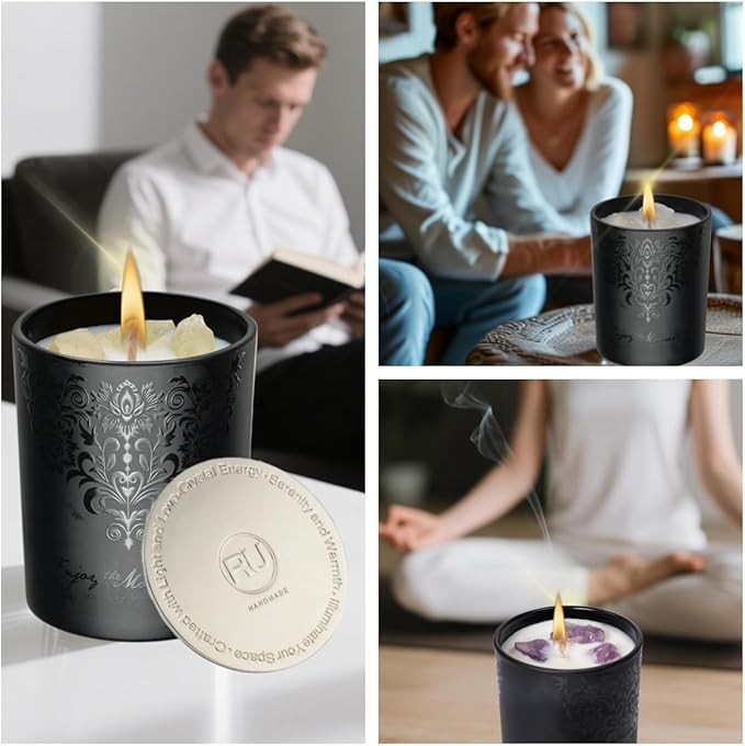 Luxury Black Scented Candles Gift Set for Men – 3×7oz Soy & Beeswax Crystal Candles with Wick Trimmer & Snuffer, Masculine Woodsy Aromatherapy Candles for Home, Birthday & Holiday Gifts for Him