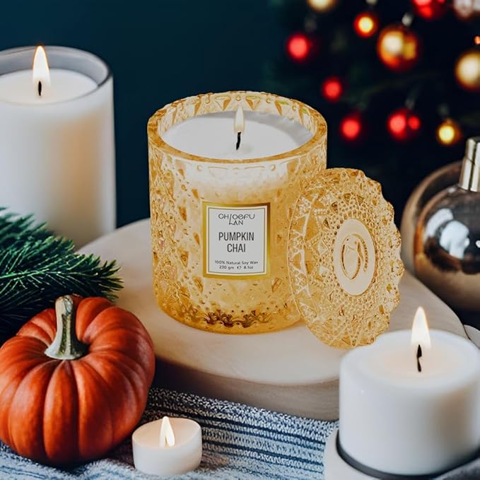Chloefu LAN Pumpkin Chai Candles Halloween Candle Gift, Farmhouse Candles for Home, Luxury Scented Soy Jar Fall Candle with up to 55 Hour Long Lasting, Home Decor, Barn Fall Decor Pottery, 8.1oz
