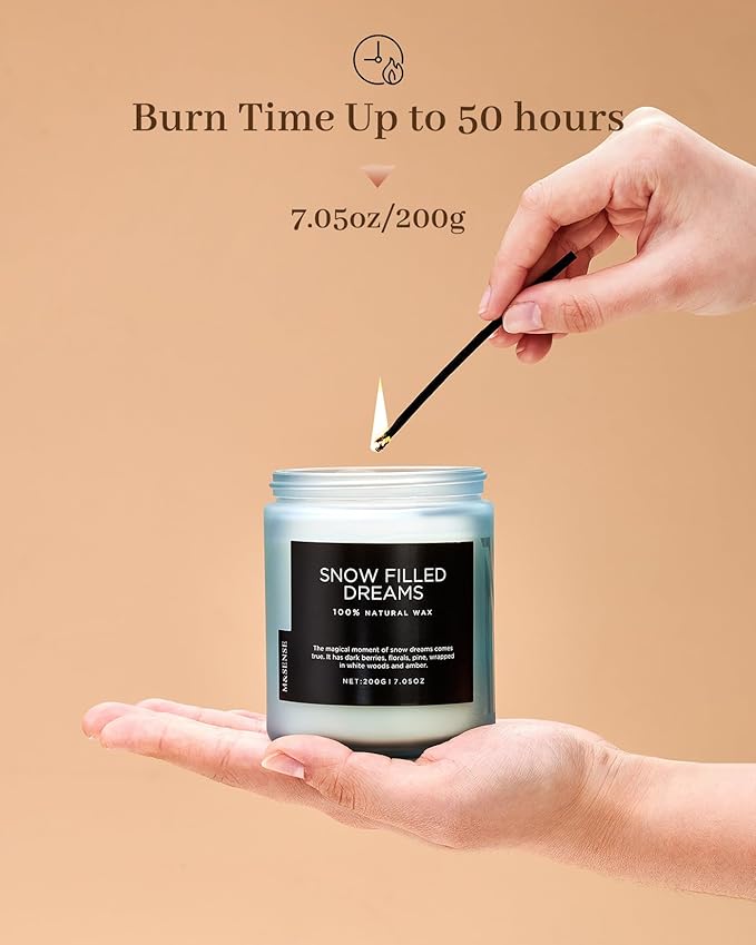 M&SENSE Snow Filled Dream - Jasmine & Pine Scented Natural Soy Wax Cotton Wick Candle for Home Decor, 7.05oz 50 Hours Long Lasting Winter Scent Holiday Gifts for Women Men