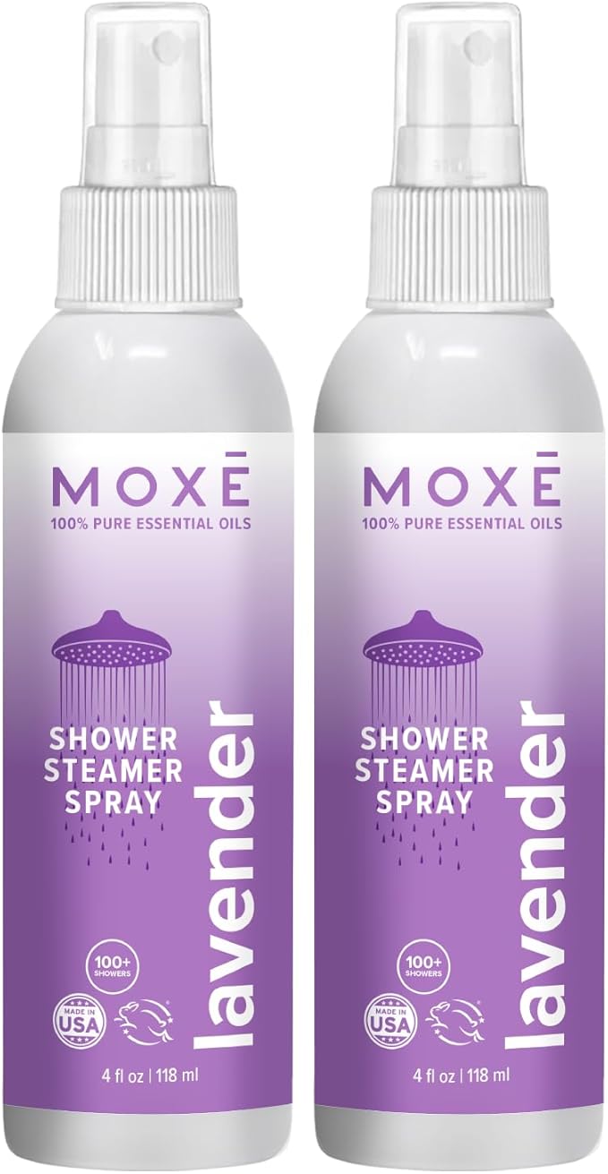 MOXE Lavender Oil Shower Mist, Spa Steam Spray, Certified Natural 100% Essential Oils, Made in USA, Aromatherapy, Tension Relief (4 FL Oz, Pack of 2)