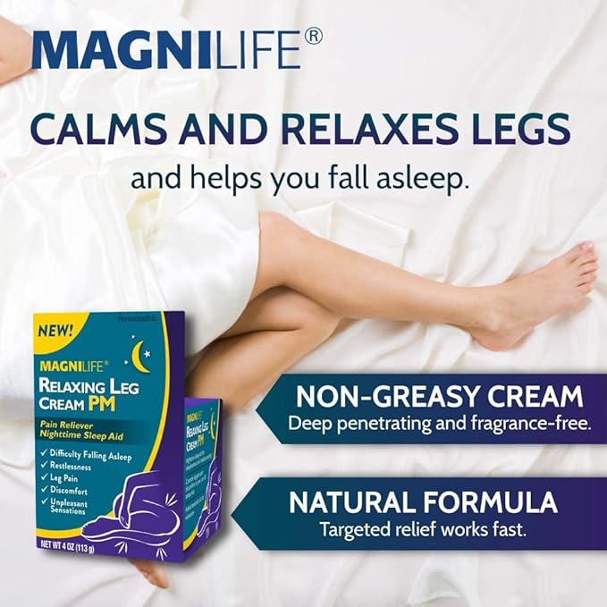 MagniLife Relaxing Leg Cream PM, Restless Legs, Deep Penetrating Topical for Pain, Naturally Soothe Cramping, Discomfort, and Tossing with Lavender and Magnesium - 4oz