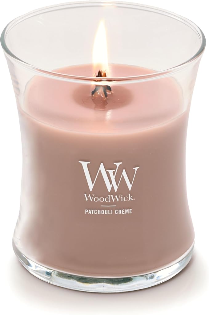 WoodWick Patchouli Crème Gifts for Women and Men, 9.7 oz Medium Hourglass Candle with Crackling Wick