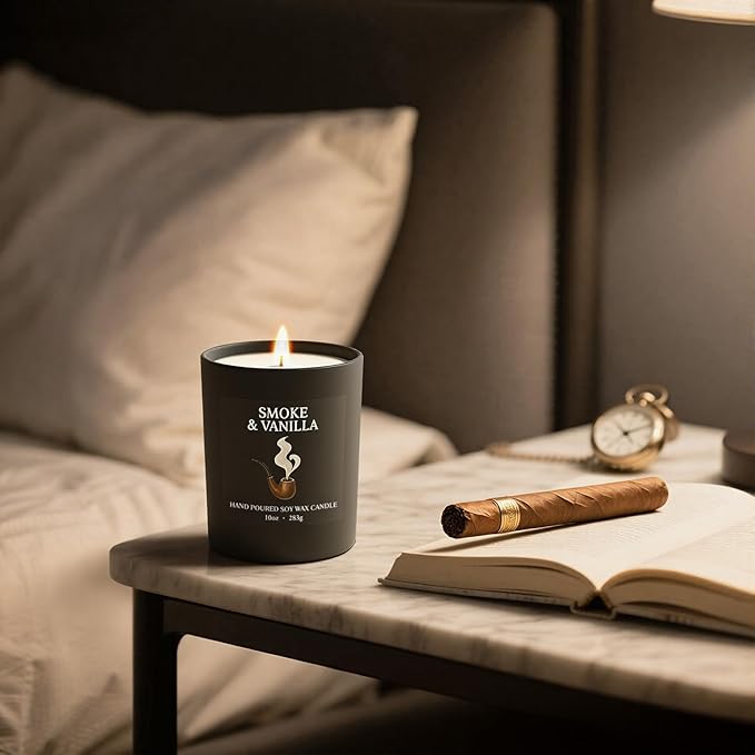 NORVENCE Candles for Men, Smoke ＆ Vanilla Scented Candle Gifts for Men and Women, 10oz Soy Candles with Bamboo Lid for Home Scented, Birthday Gifts for Men