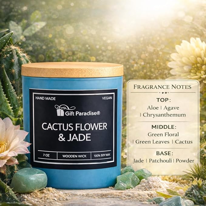 Cactus Flower & Jade Candle 7oz – Premium Soy Wax, Wooden Wick, Glass Jar, Wooden Gift Box – Vegan, Non-Toxic, Spring & Summer Self Care, Valentine’s Day Gift for Her & Him