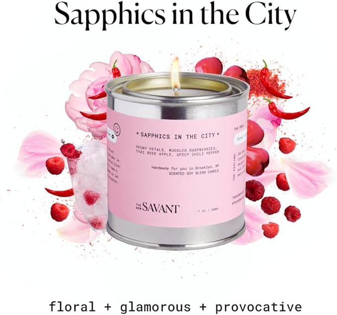The New Savant Scented Candle - Sapphics in The City - Aesthetic Candle for Home, Raspberry, Lemon, Peony & Vanilla, Soy Wax Blend, Vegan & Cruelty-Free, 50-Hour Burn Time - 7oz