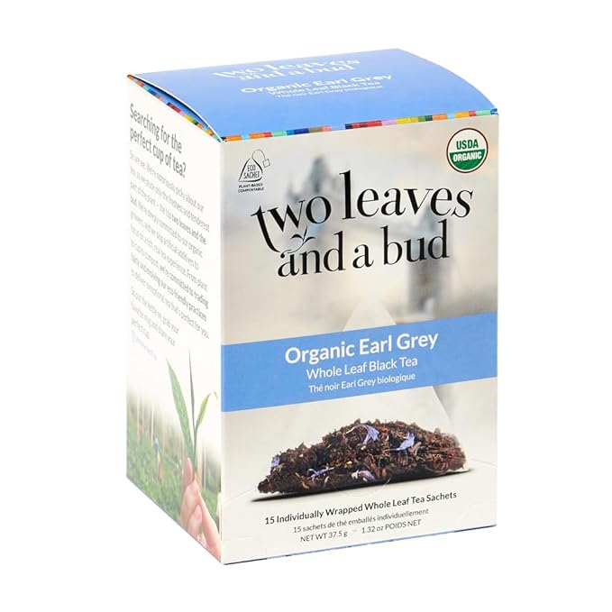 Two Leaves and a Bud Organic Earl Grey Tea Bags, Whole Leaf Caffeinated Black Tea in Compostable Sachets, Caffeinated Black Tea Flavored with Bergamot, Add Milk and Sugar, 15 Count (Pack of 1)