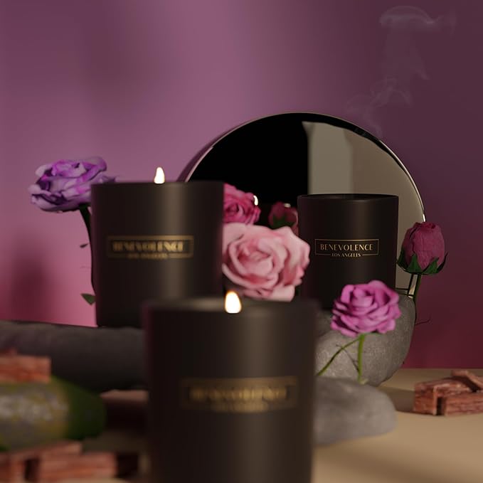 Benevolence LA Rose & Sandalwood Scented Candle | Soy Christmas Candles, Black Candle for Home | Holiday Candles Gifts for Women and Men | Home Fragrance | Aromatherapy | 8oz, 45 Hour Burn