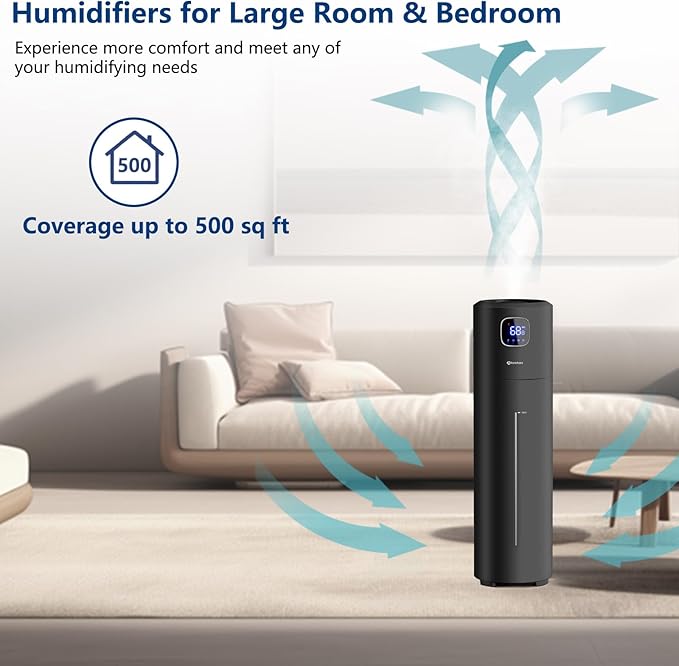 Large Humidifiers for Bedroom, 9L/2.5Gal Ultrasonic Cool Mist, Top Fill Easy Clean with 350ML/H Mist Speed, Quiet, Suitable for Kids Room Plant Yoga Office Study Room Living (Black, Round)
