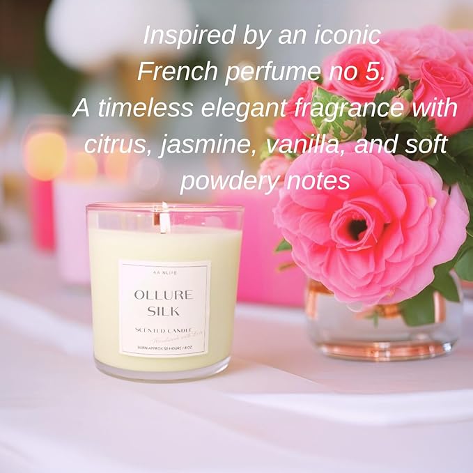 AANLIFE Scented Candle Ollure Silk | Inspired by The Iconic French Fragrance No. 5, Gifts for Women, Aesthetic Home Decor, Organic Coconut Wax Candles, Long Lasting Clean 50 Hour Burn, USA