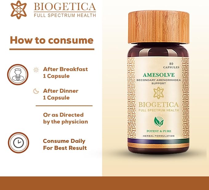 Biogetica Amesolve Herbal Support for Secondary Amenorrhoea with Punarava and Asparagus Racemose - Helps Regulates The Menstrual Cycle - Non-GMO - 100% Vegan Ayurveda Supplement - 80 Capsules