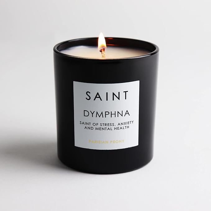 SAINT Dymphna Scented Candle with Prayer and Prayer Coin, Saint of Stress, Anxiety, and Mental Health, Soy Coconut Aromatherapy Candle with 50 Hour Burn Time