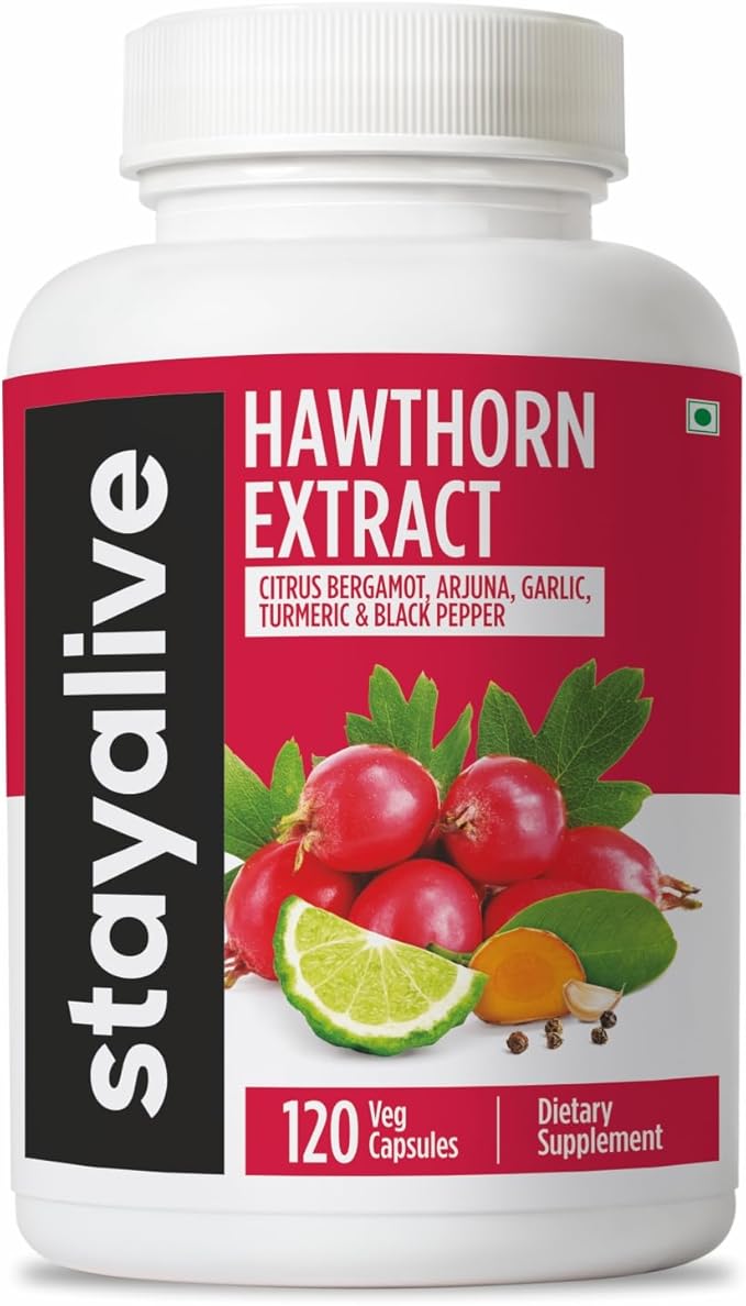 STAY ALIVE Hawthorne Berry Supplement, 20:1 Extract, 6-in-1 Hawthorn w/Citrus Bergamot, Turmeric Root Powder, Garlic, Arjuna & Black Pepper, 120 Pills, Non-GMO & Gluten-Free Hawthorn Berry Capsules
