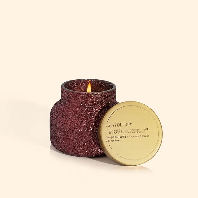 Capri Blue Tinsel & Spice Holiday Candle - Petite Glam Jar Candle - Juniper Berry, Cinnamon & Vanilla Scented Candles - Soy Wax Blend - Christmas Decor - Red Candles with Maroon Glitter Design (8 oz)