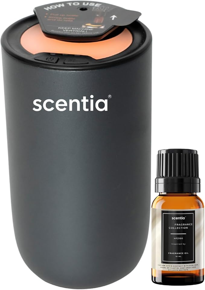 Scentia MiniPod Waterless Essential Oil Diffuser Starter Kit & Smart Car Freshener – Dual Car/Home Modes, Auto Shut-Off, 3 Mist/Ambient Light Levels, Portable Rechargeable Nebulizer – Titanium