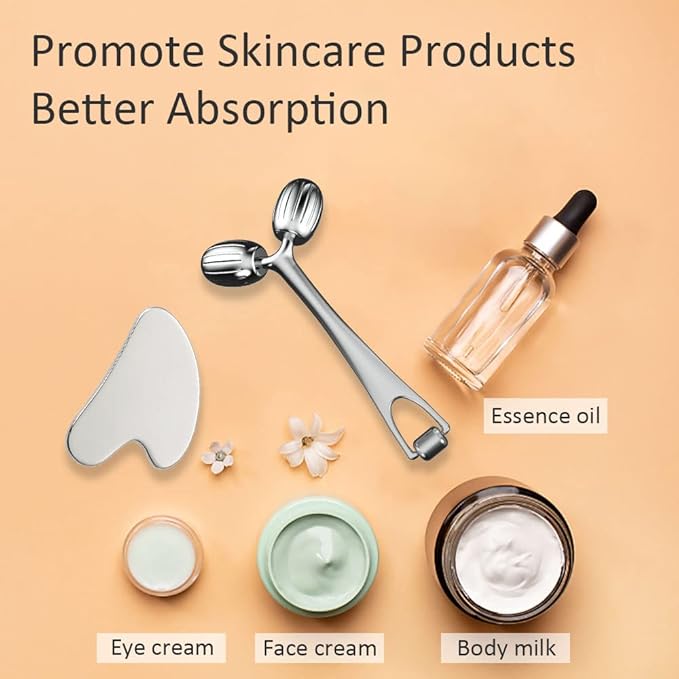 Yeamon Gua Sha Facial Tools and Face Roller Set, Facial Massage Tool for Women’s Skincare Routine,Cooling Stainless Steel Face Sculpting Eyes Roller Guasha for Daily Use or Self-Care Gift for Women