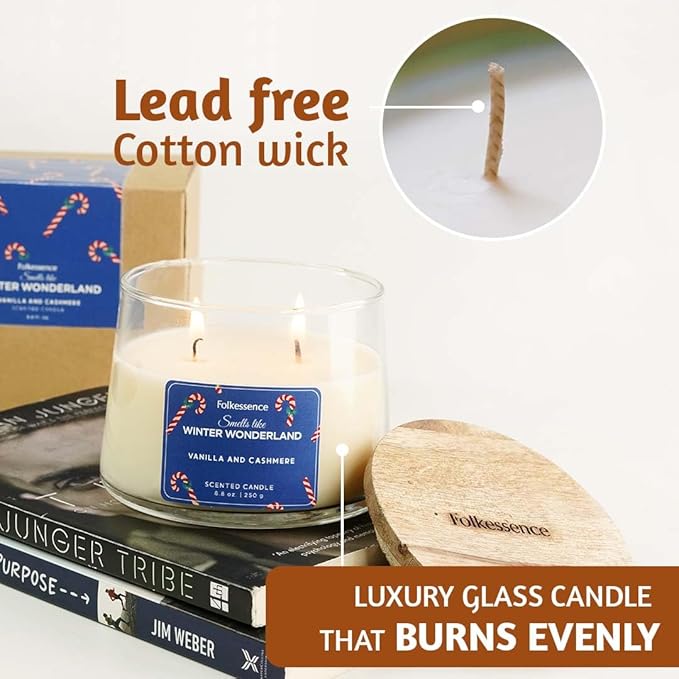 Folkulture Christmas Candles- 8.8 Oz |Vanilla, Cashmere Scented Winter Candles for Home, Women, Gifts for Her |Soy, Non Toxic, Holiday Candle with 30 Hrs Burntime for Aromatherapy, Christmas Gifts