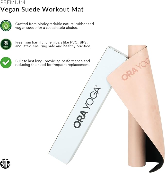 ORA YOGA Non-Toxic Premium Suede Large Workout Mat - 3mm Thick With Strap - Eco-Friendly Exercise Mat for Women & Men - Non-Slip for Pilates, Gym, Home Workout