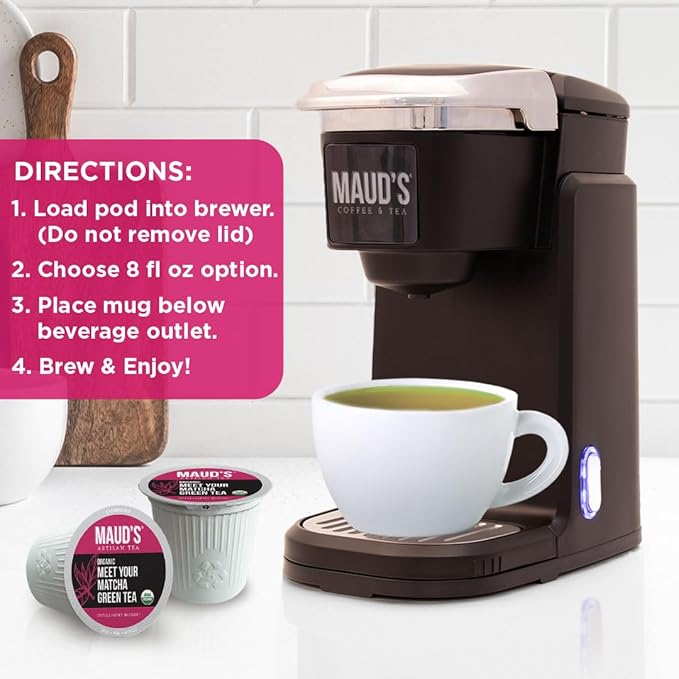 Maud's Organic Matcha Green Tea Pods, 24 ct, Recyclable Single Serve Tea Pods – 100% Gourmet Blended Tea Leaves, Compatible with Keurig K Cups Maker