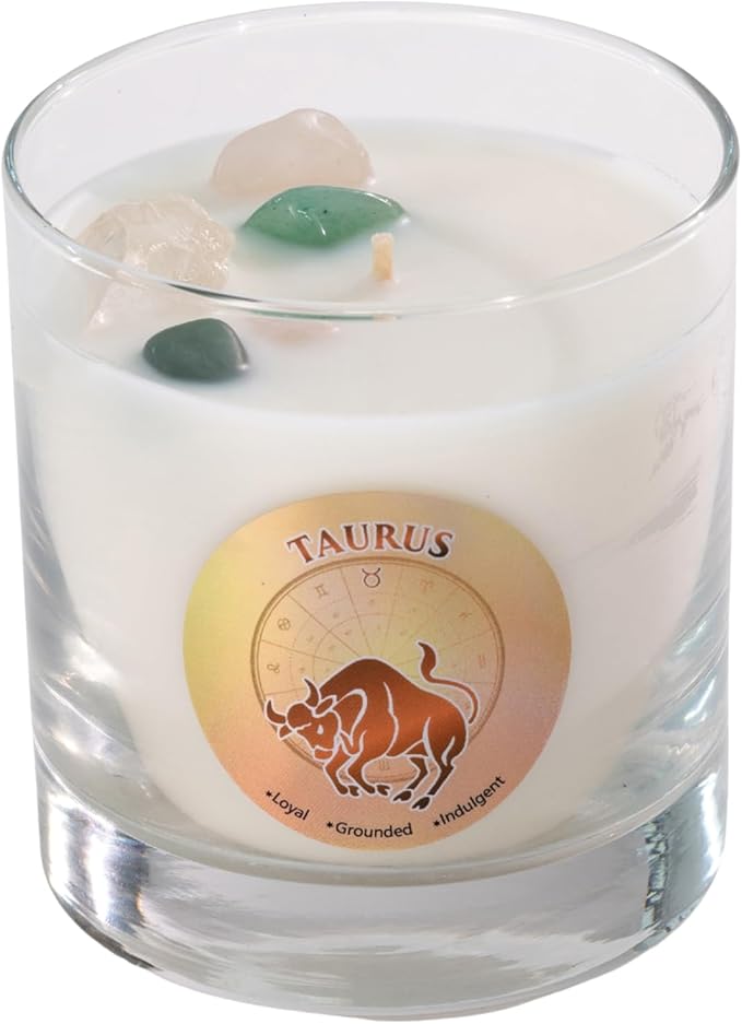 Luxury Glass Jar Candle, Taurus Zodiac Sign, 8.8 oz - Crystal Infused - Scents of Geranium, Fern, Cedar & Amber - Made in USA, Hand Poured, Coconut-Soy Wax, Essential Oil, Dr. Developed