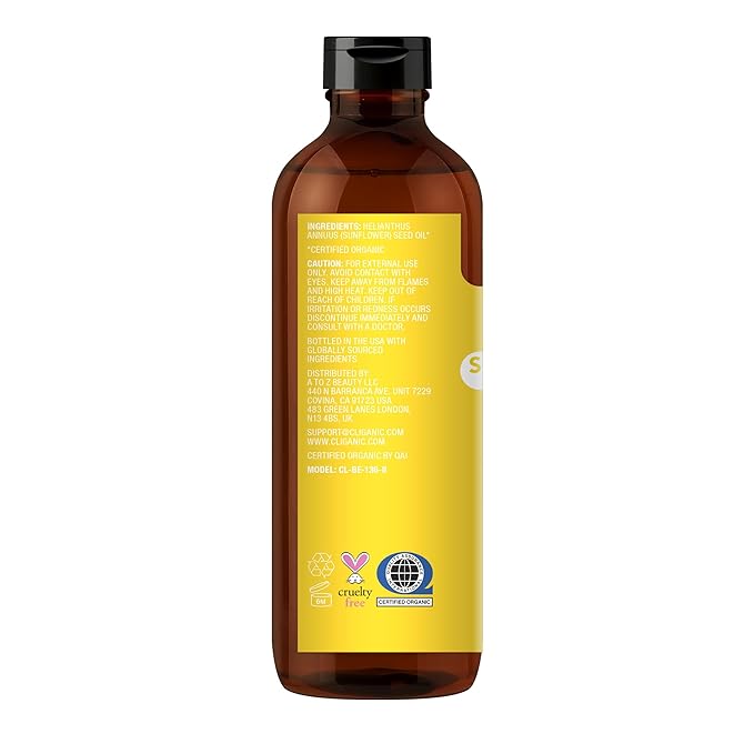 Cliganic Organic Sunflower Oil, 100% Pure (8oz) - For Skin, Hair & Face | Natural Cold Pressed Unrefined
