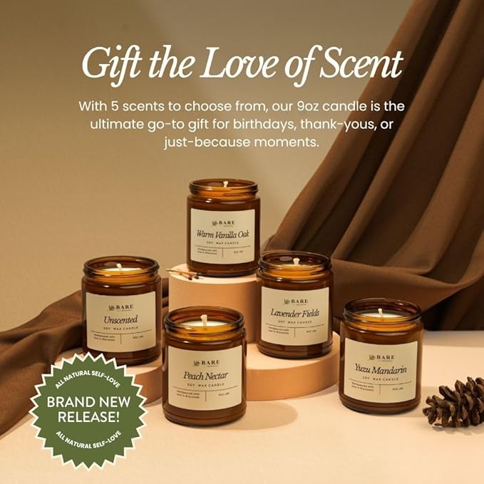 Bare Botanics Yuzu Mandarin 9oz Soy Candle - 100% Plant-Based Fragrance Oils - Premium, Non-Toxic Candle - Softly Scented Natural Soy Wax - Handpoured in WI - 40 Hrs Long Burning & Ready to Gift