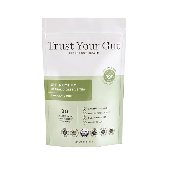 Trust Your Gut Organic Herbal Tea Blend – Lemon Balm, Holy Basil, Dandelion & Ginger Root – Supports Healthy Digestion & Gut Balance – Chocolate Mint, 30 Bags