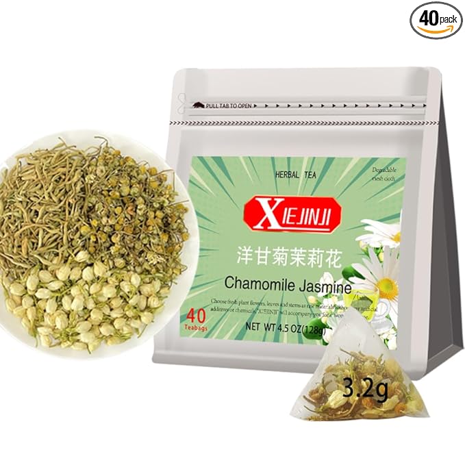 XIEJINJI Chamomile Jasmine Herbal Tea, 40 Tea Bags, Premium Soothing Floral Blend in Eco-Conscious Teabags - Non-GMO - Caffeine-free