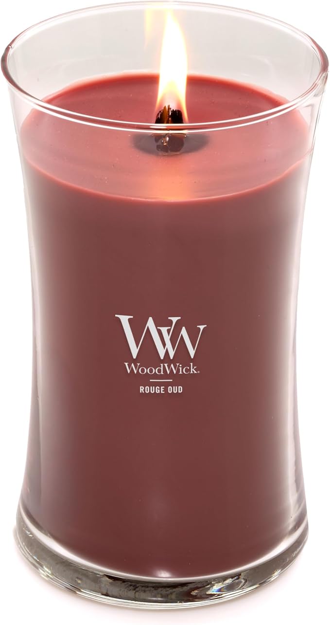 WoodWick Rouge Oud Gifts for Women and Men, 21.5 oz Large Hourglass Candle with Crackling Wick